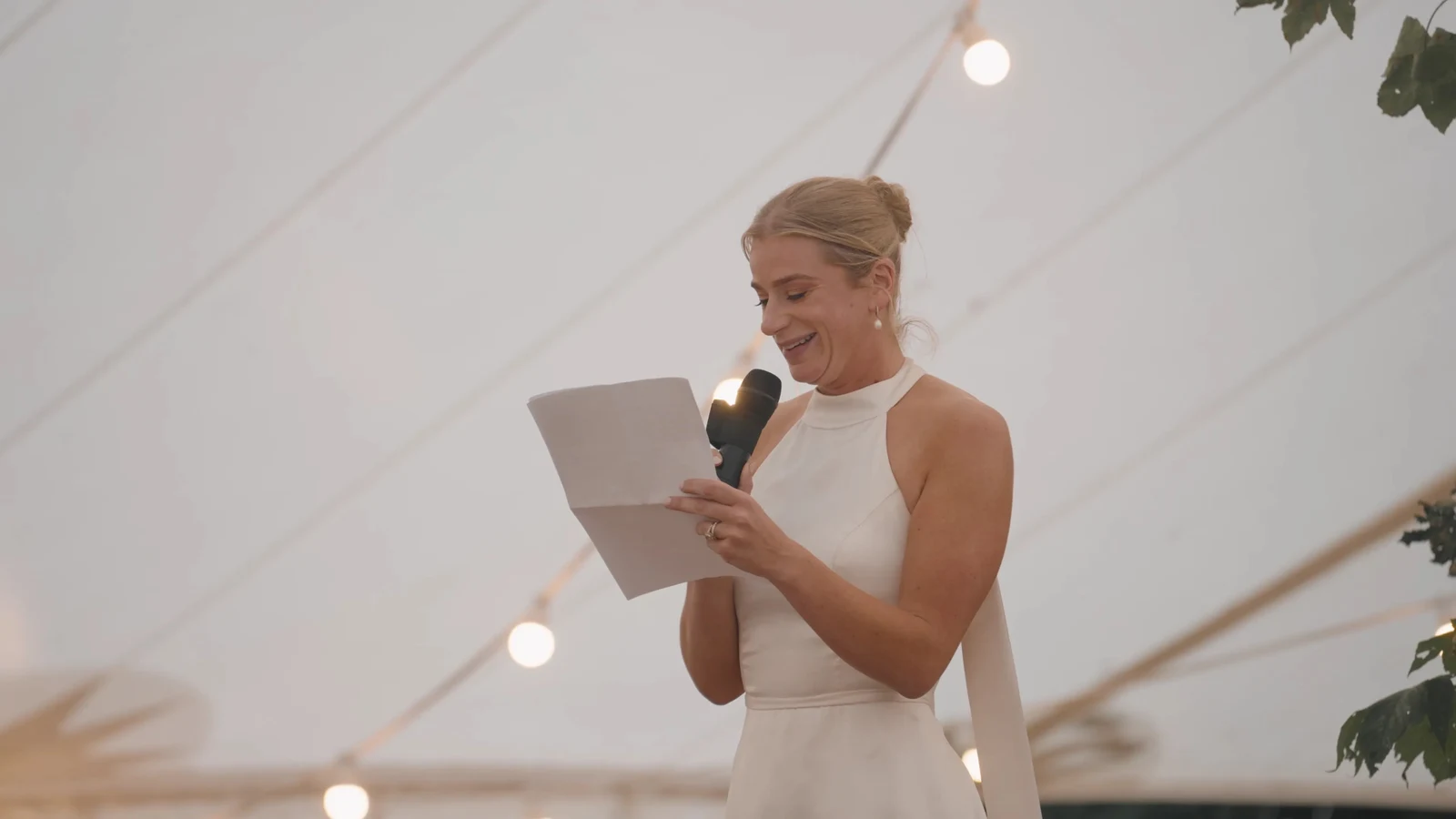 Film still: Harriet delivering her wedding speech