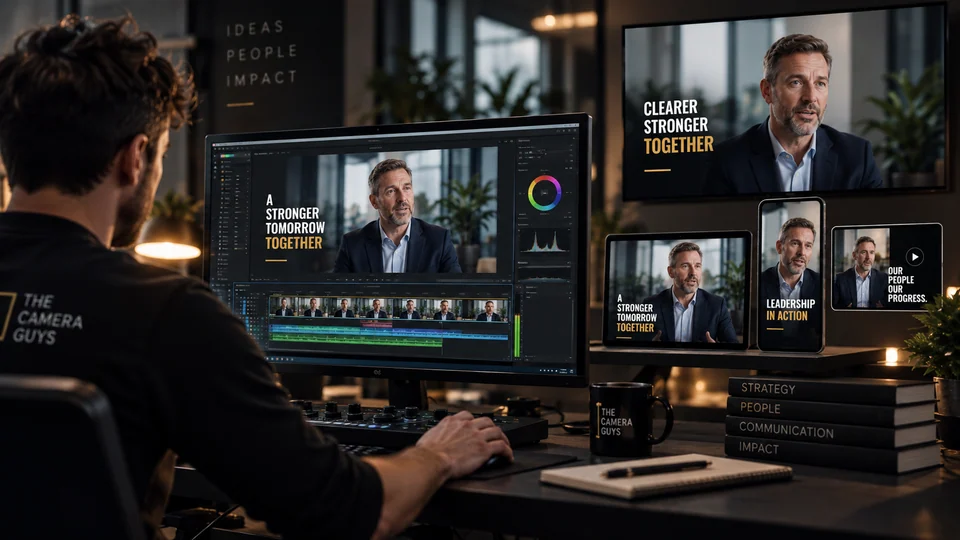 Illustrative editing suite showing a corporate film and versions on several screens.