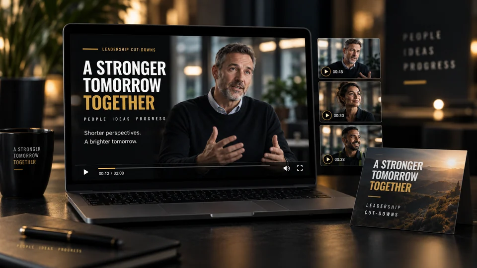 Illustrative laptop displaying a leadership film alongside shorter video versions.