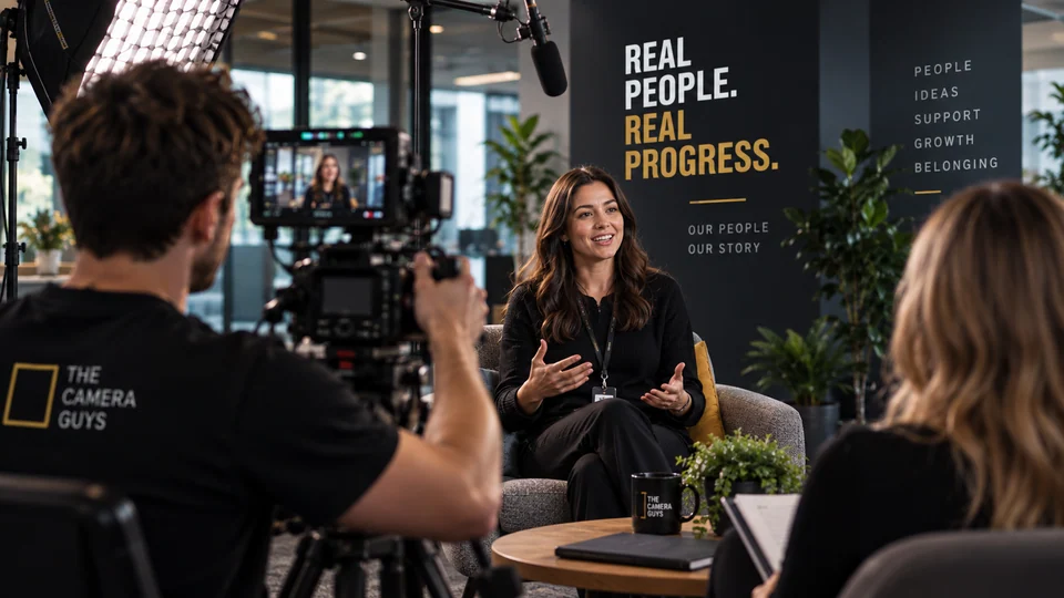 Illustrative employee interview being filmed in an office.