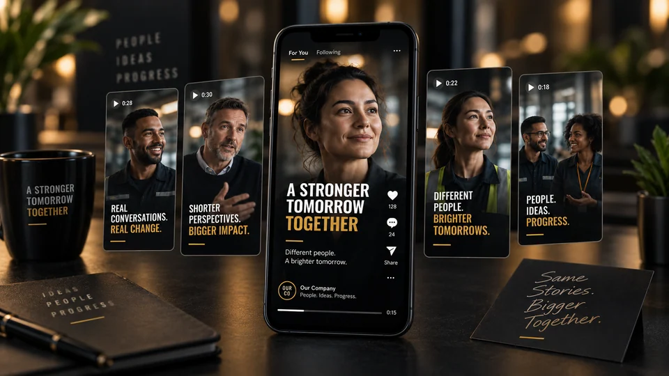 Illustrative vertical employee videos displayed on a smartphone and adjacent portrait panels.