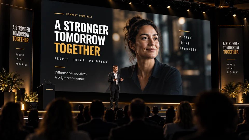 Illustrative internal campaign artwork on a large screen at a company town hall.