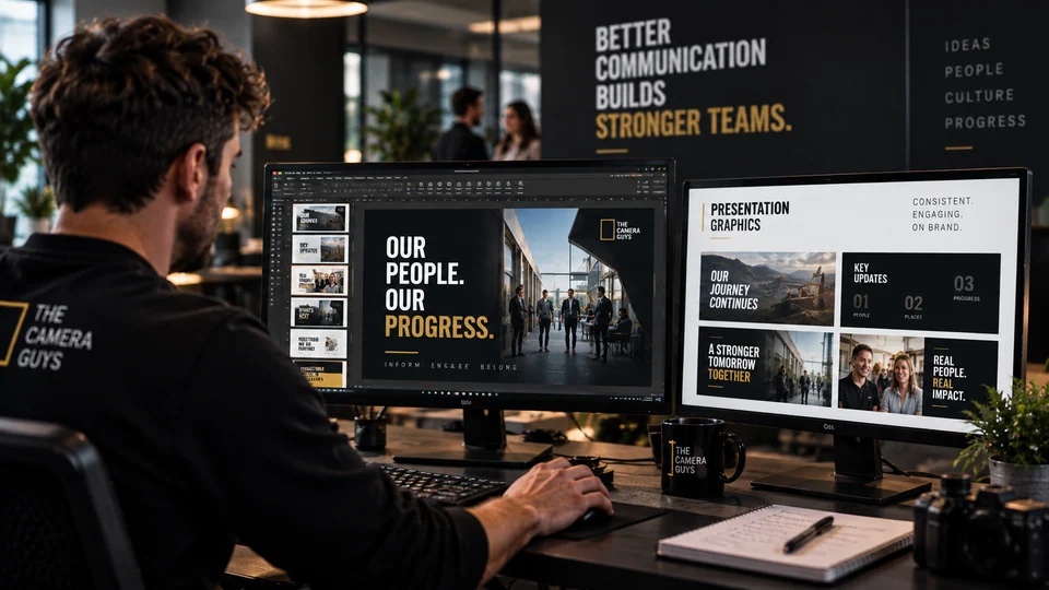 Illustrative designer creating coordinated corporate presentation graphics.