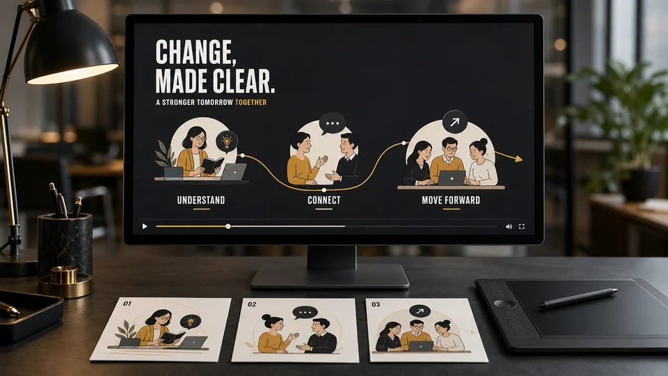 Illustration of an animated explainer on a monitor with storyboard cards.