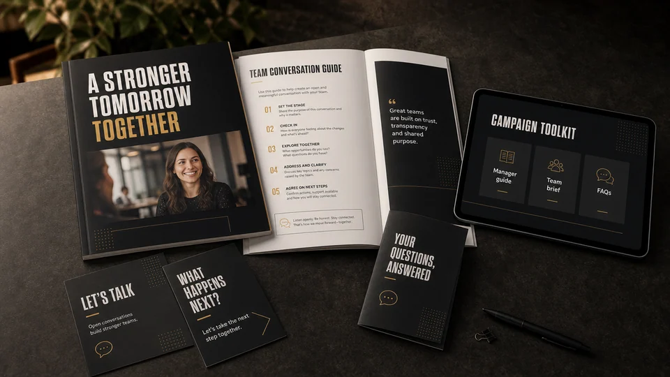 Illustration of printed campaign guides, discussion cards and a digital toolkit.