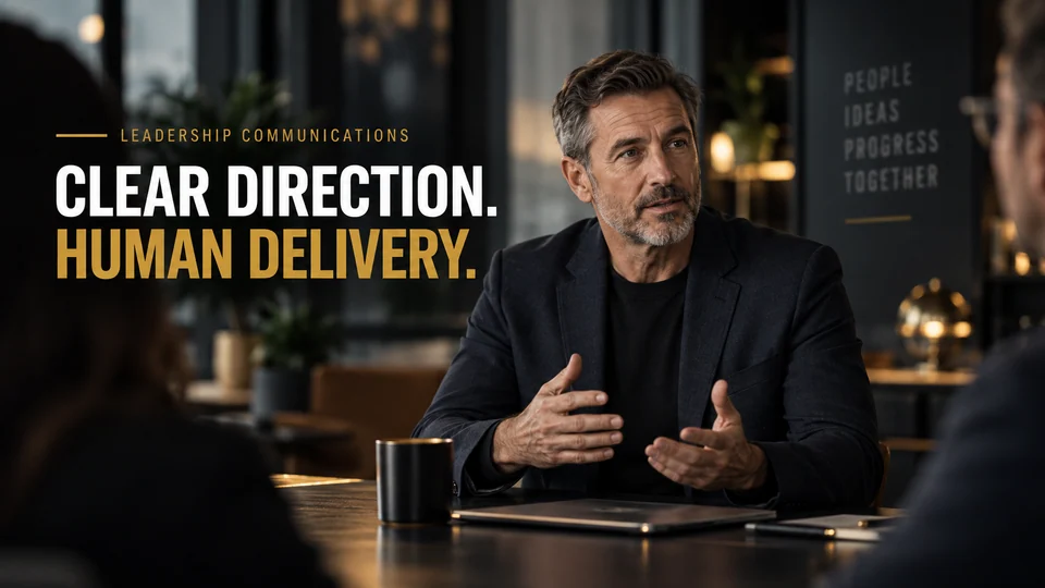 Illustrative leadership conversation in a modern office. Embedded headline: Clear direction. Human delivery.