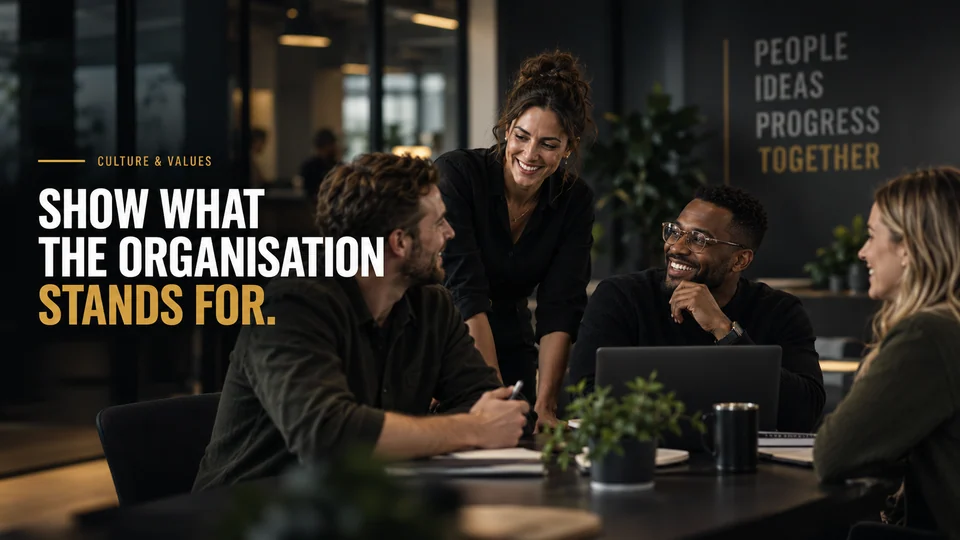 Illustrative colleagues collaborating around a table. Embedded headline: Show what the organisation stands for.