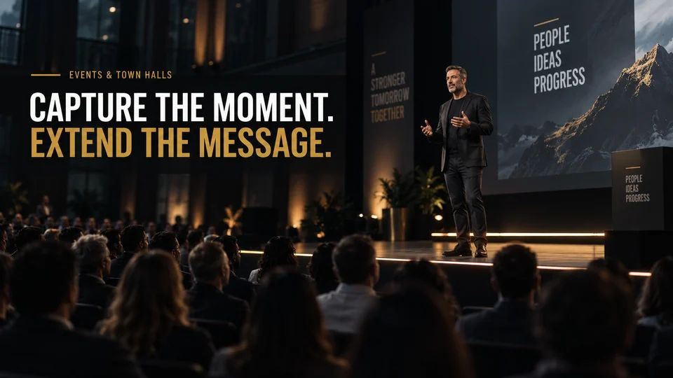 Illustrative company town hall with a speaker and audience. Embedded headline: Capture the moment. Extend the message.