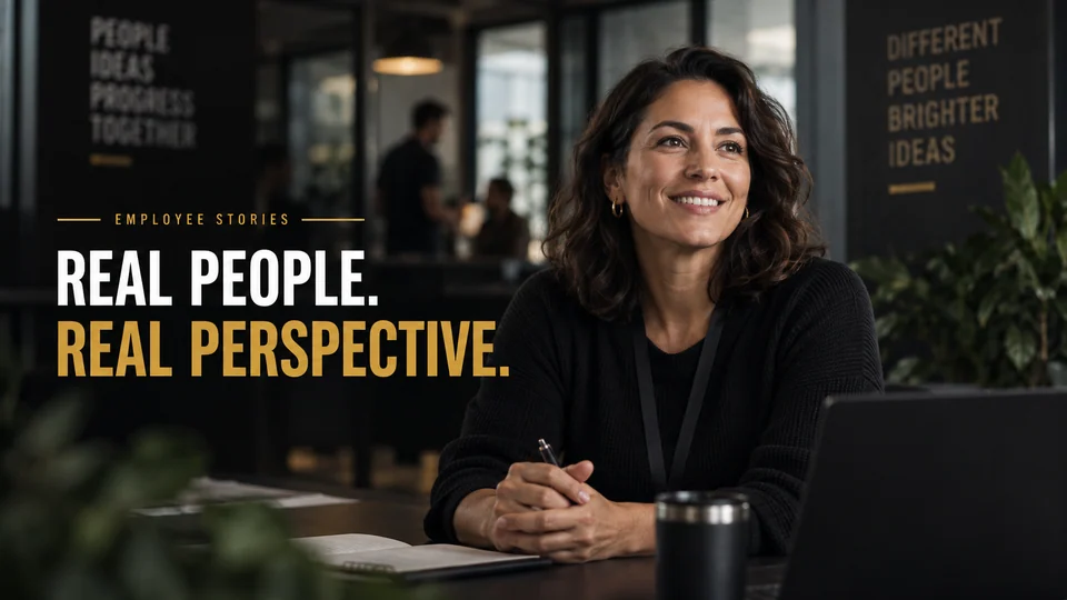 Illustrative employee portrait in an office. Embedded headline: Real people. Real perspective.