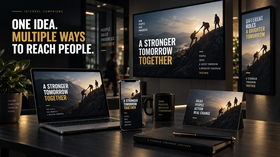 Illustrative internal campaign displayed across digital and printed formats. Embedded headline: One idea. Multiple ways to reach people.