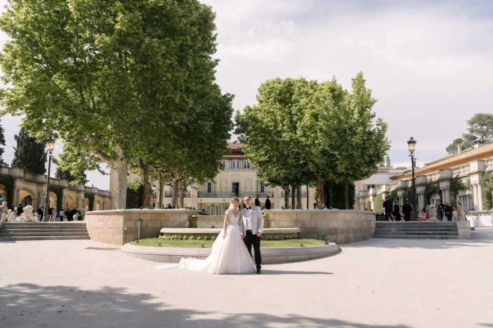 Ellie and Ernie beside the courtyard fountain