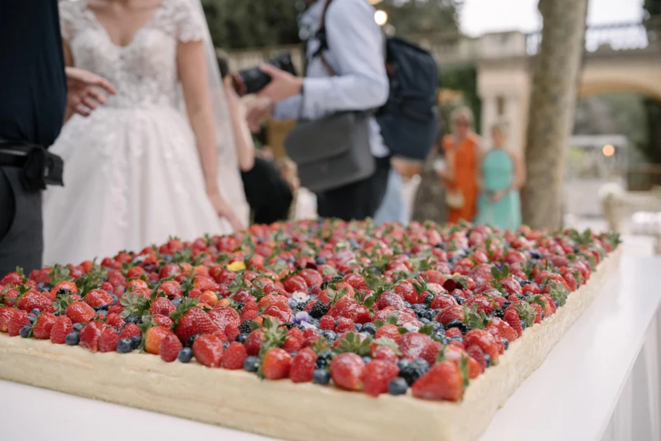 Strawberry-topped wedding dessert at the reception