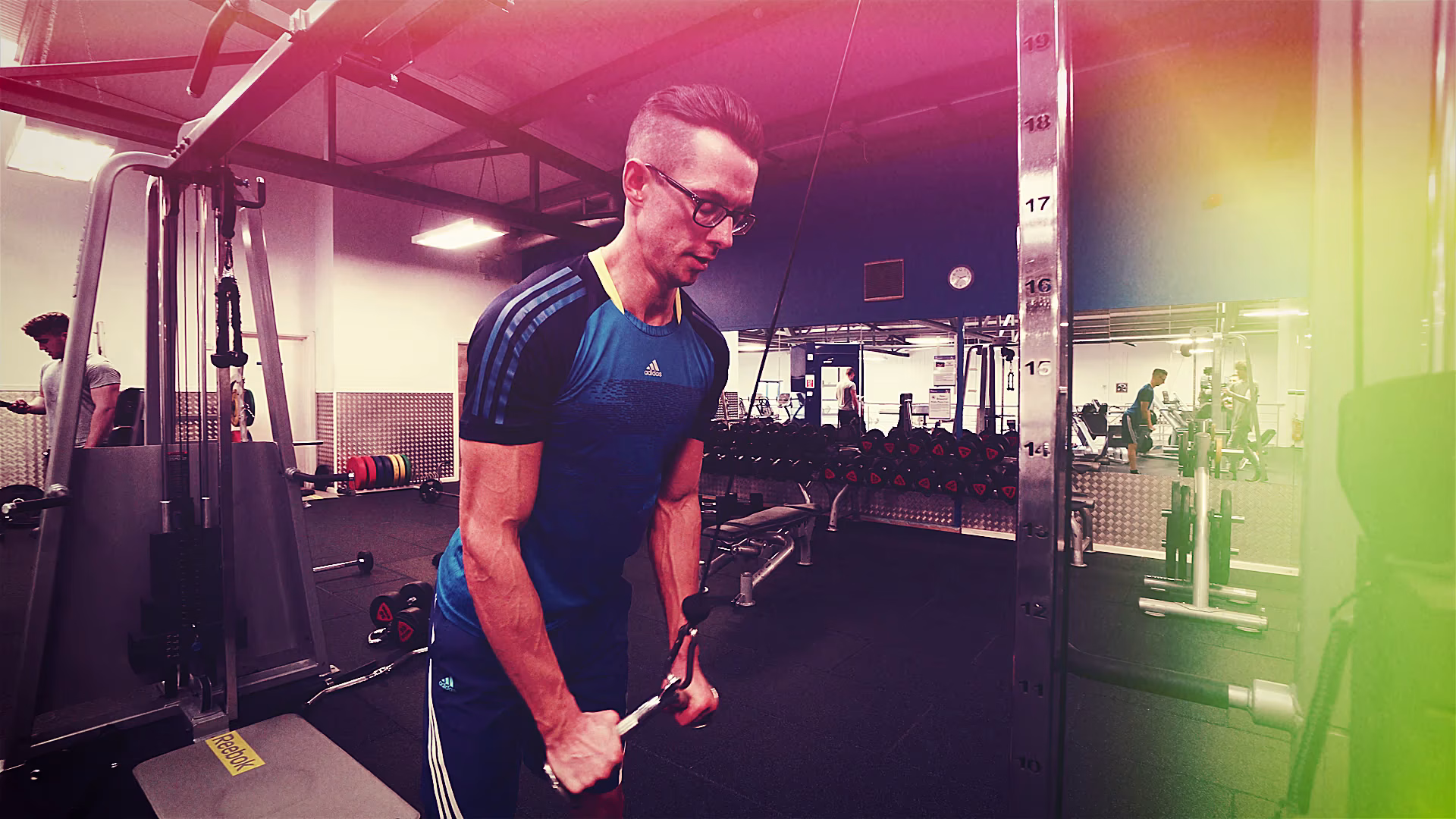 JD Fitness client training with a stylised RGB split effect