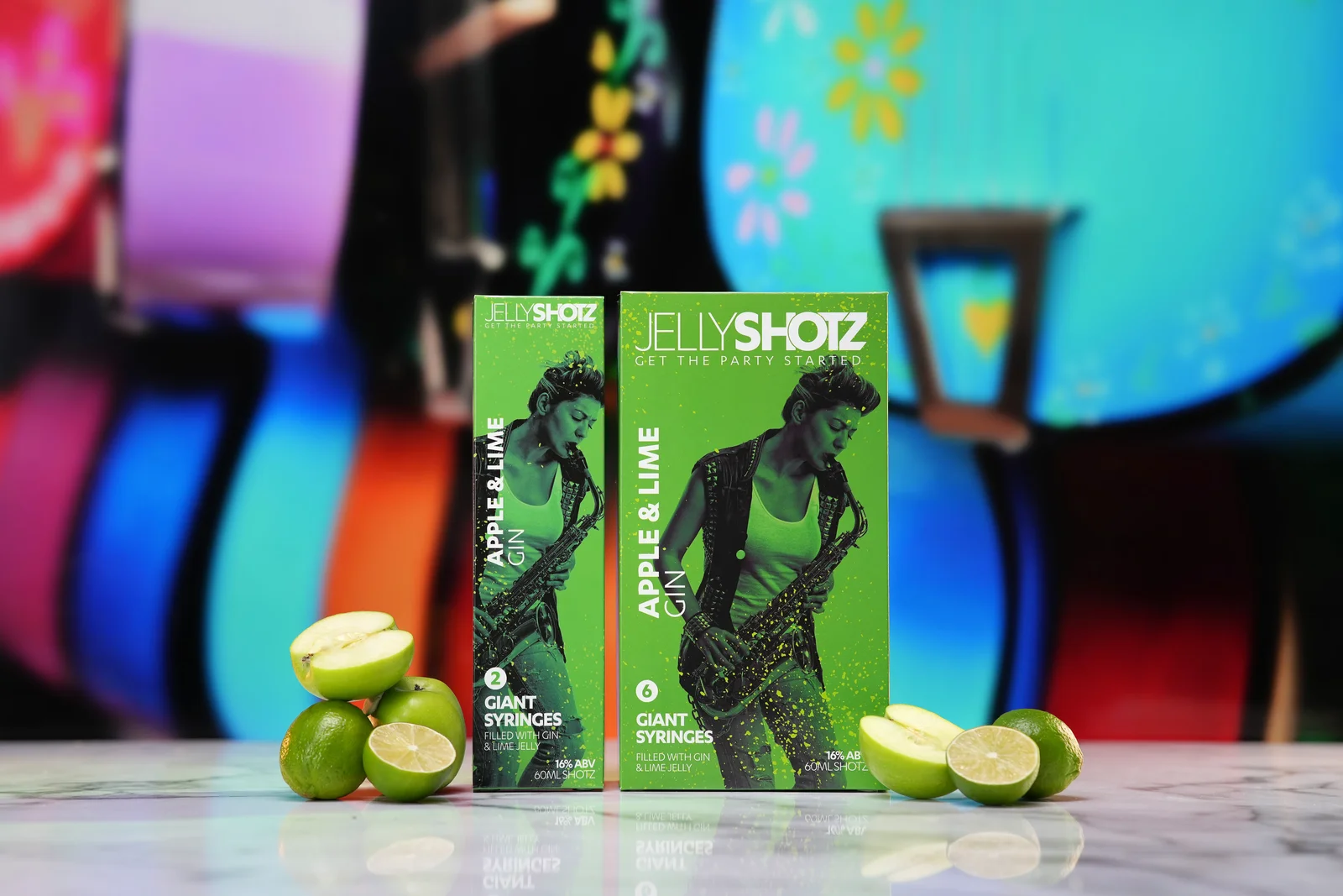 Jellyshotz Apple & Lime Gin — two- and six-syringe packs with apples and limes