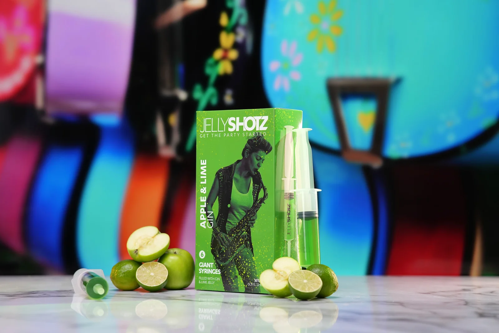 Jellyshotz Apple & Lime Gin — six-syringe pack with fruit and syringes