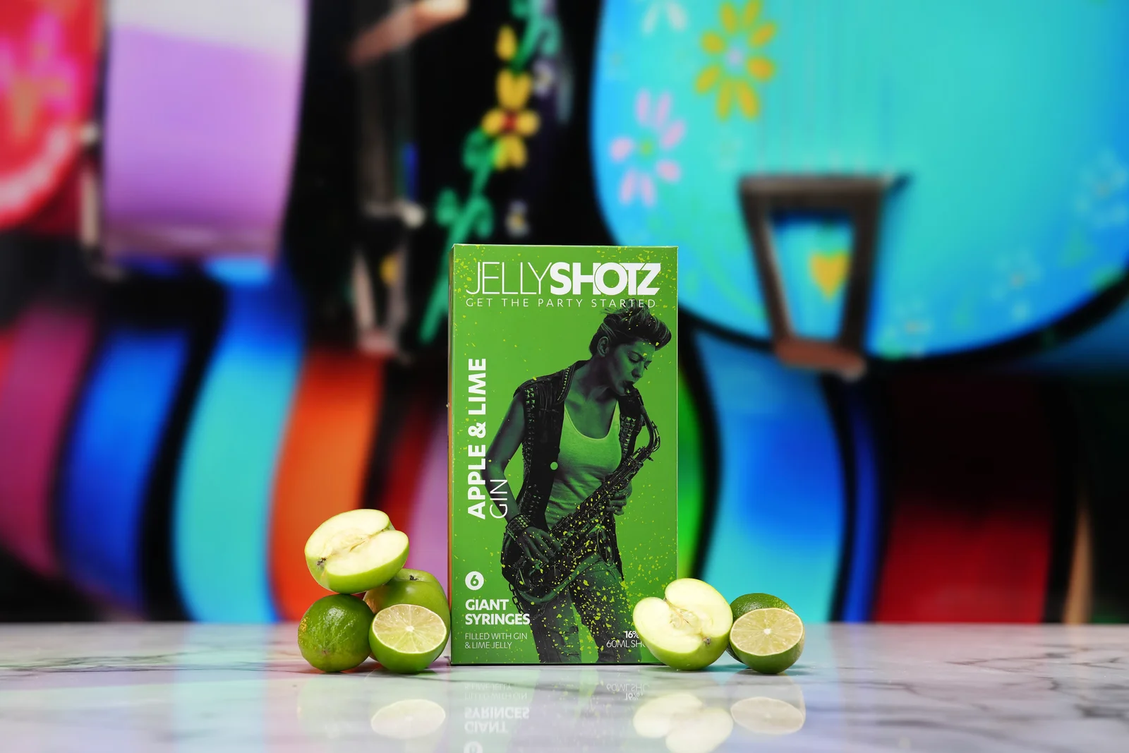 Jellyshotz Apple & Lime Gin — angled small pack and lime