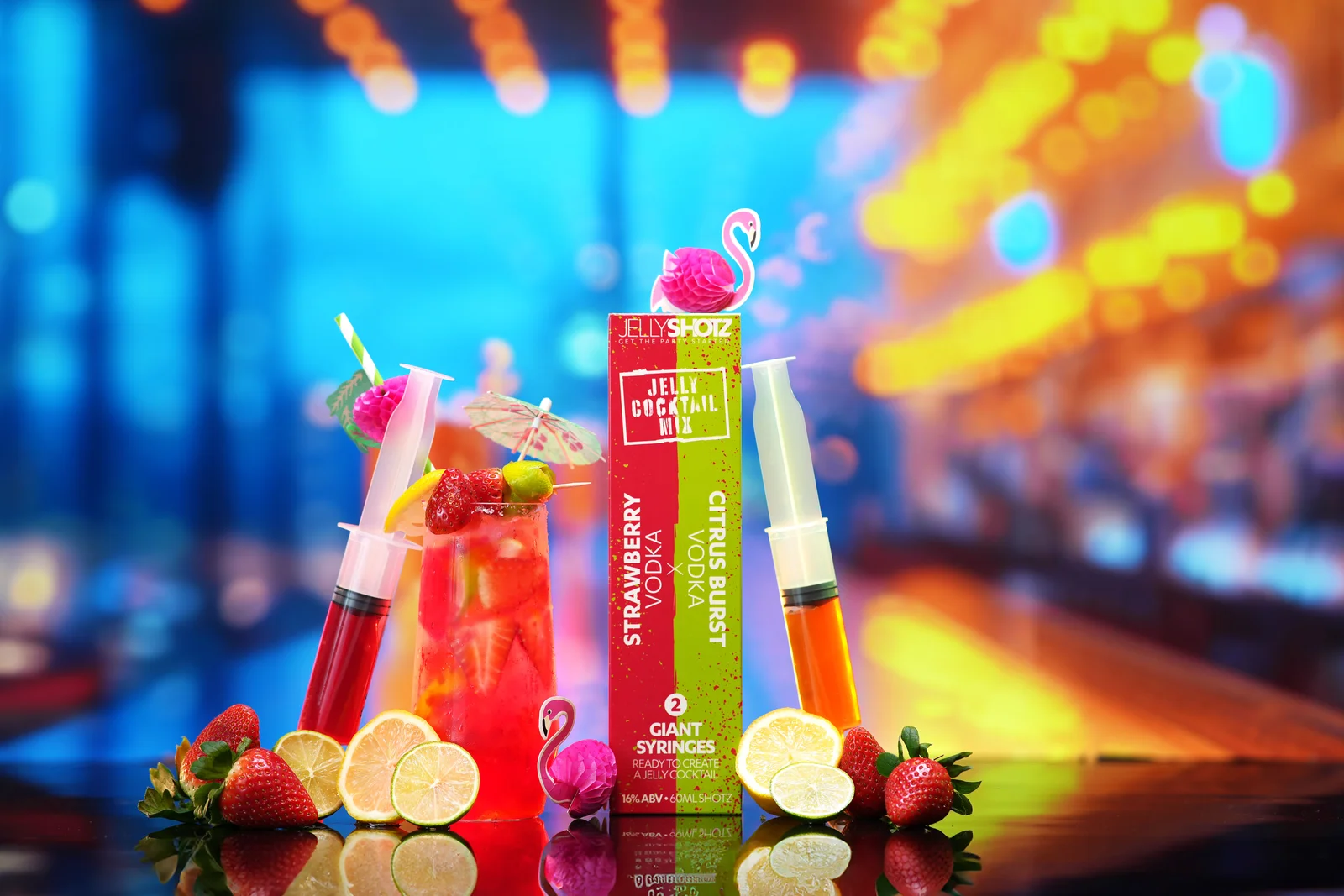 Jellyshotz cocktail product photography — blue and amber bar setting, composition 1