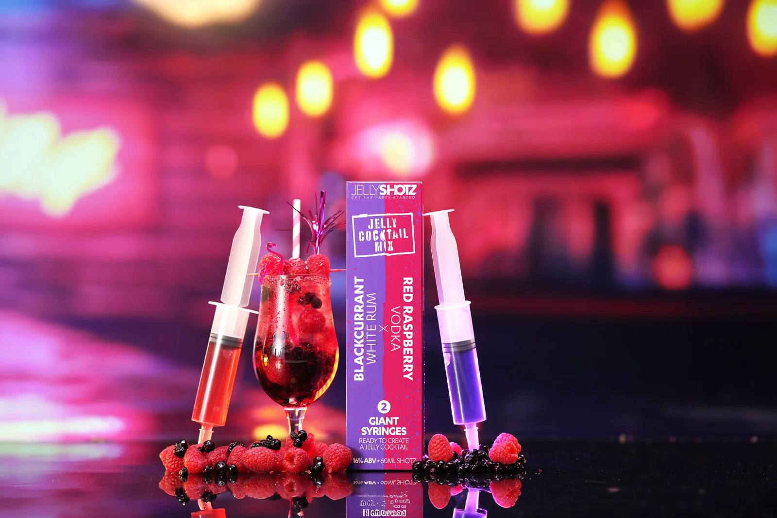 Jellyshotz cocktail product photography — pink and magenta bar setting, composition 2
