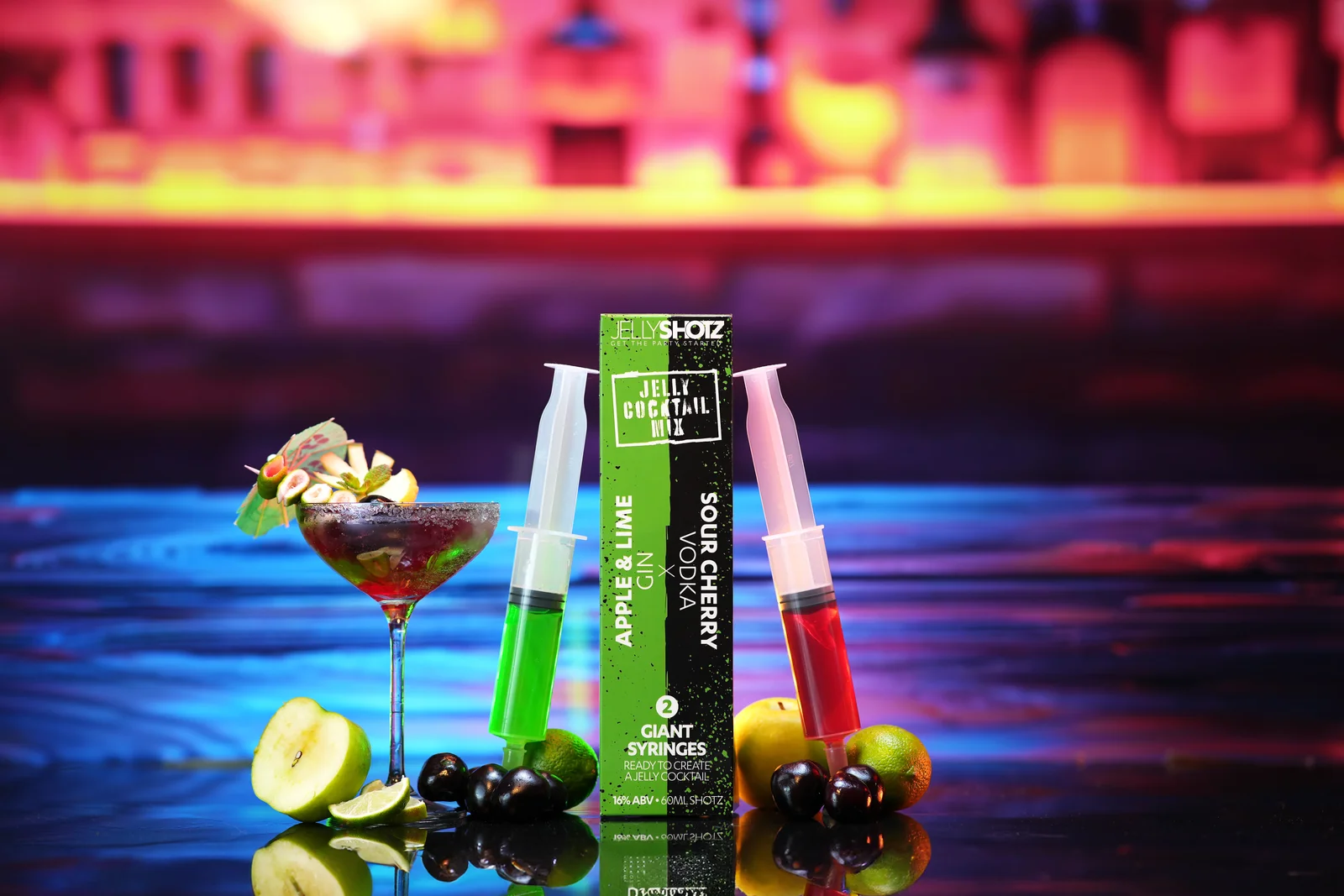 Jellyshotz cocktail product photography — colourful neon bar setting, composition 3