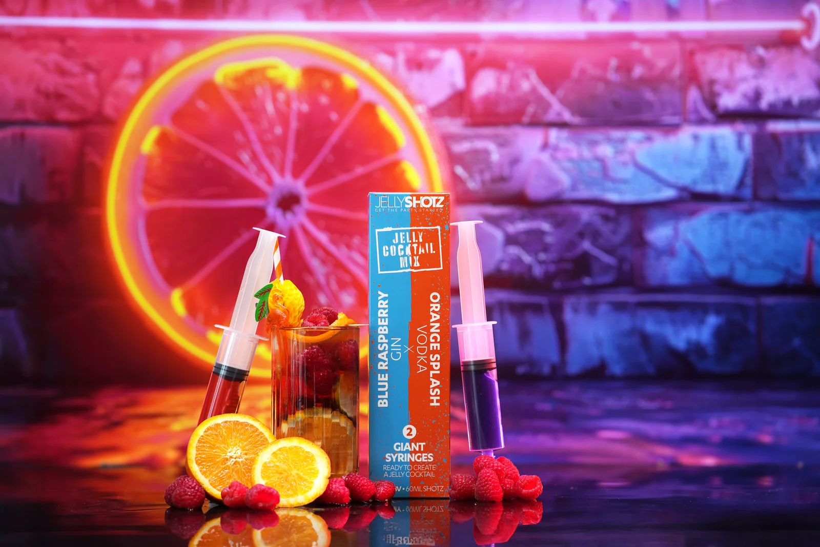 Jellyshotz cocktail product photography — colourful neon bar setting, composition 4