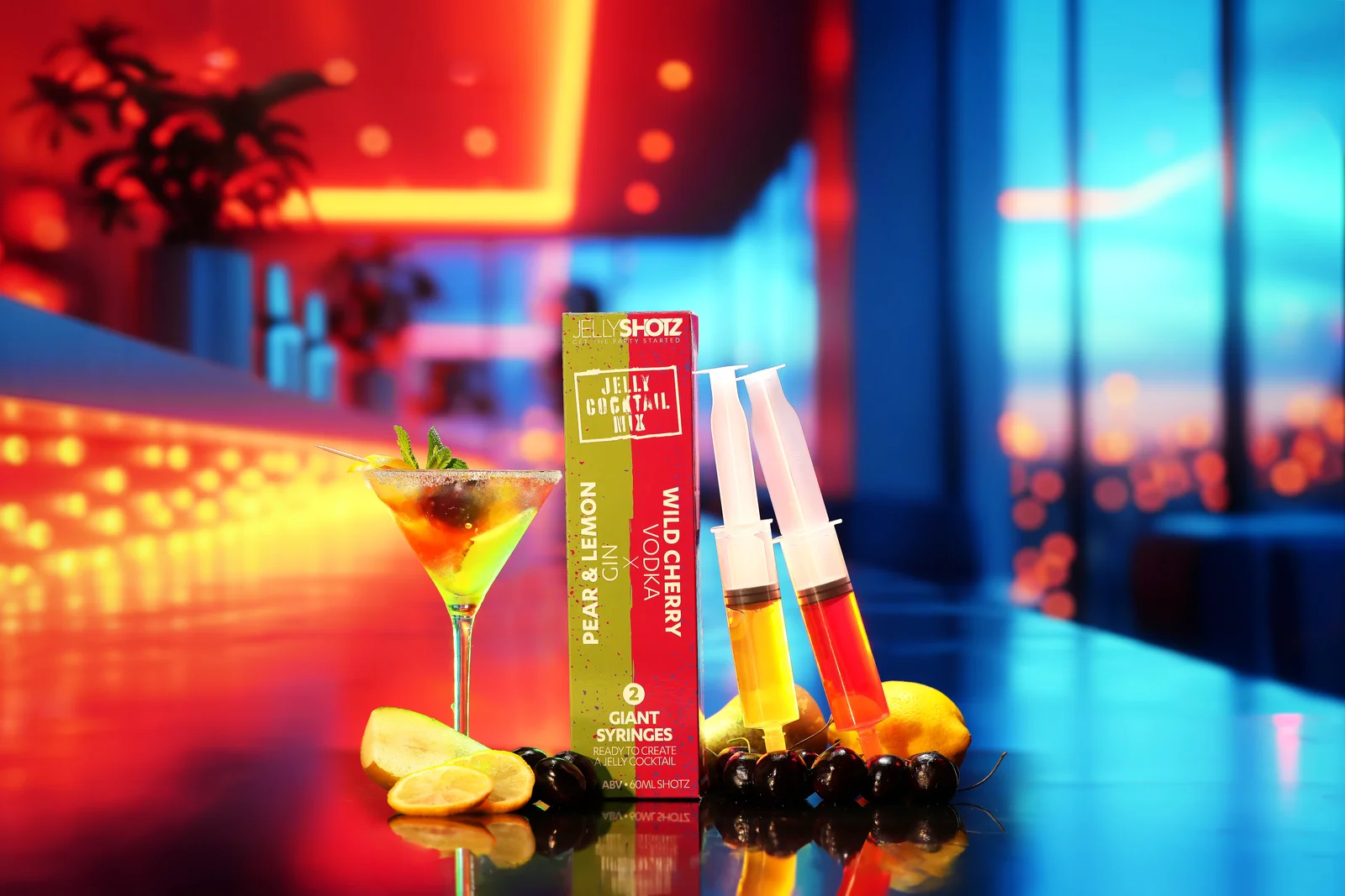 Jellyshotz cocktail product photography — colourful neon bar setting, composition 5