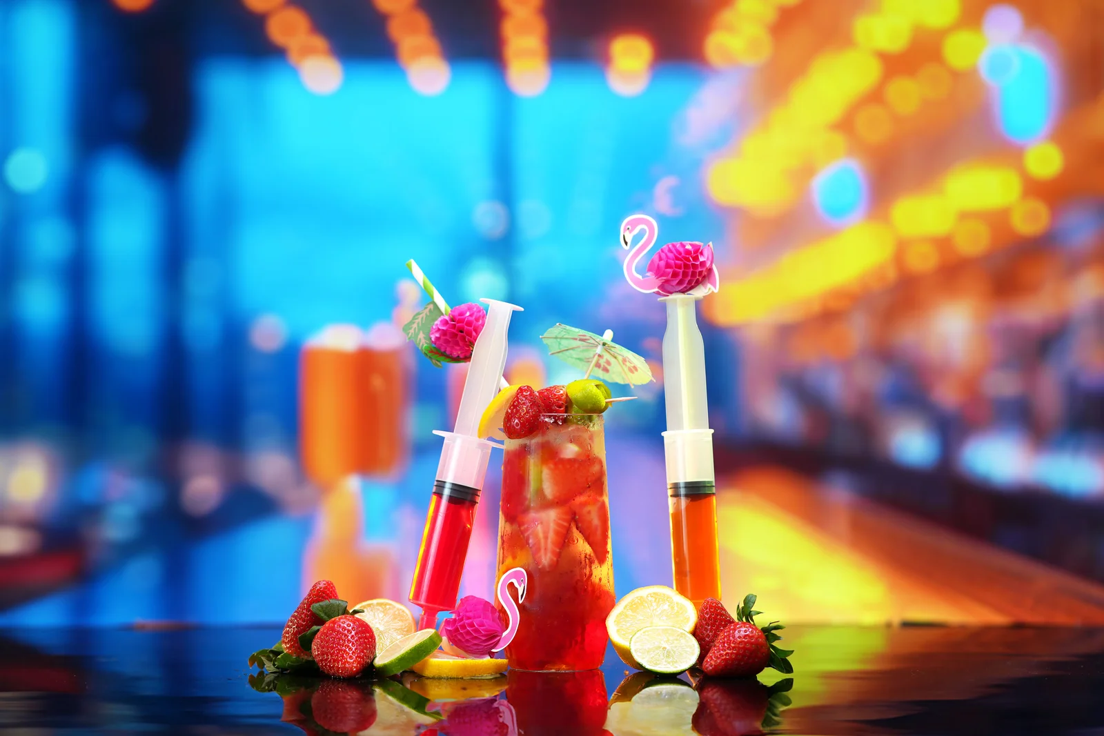 Jellyshotz cocktail product photography — blue and amber bar setting, composition 6