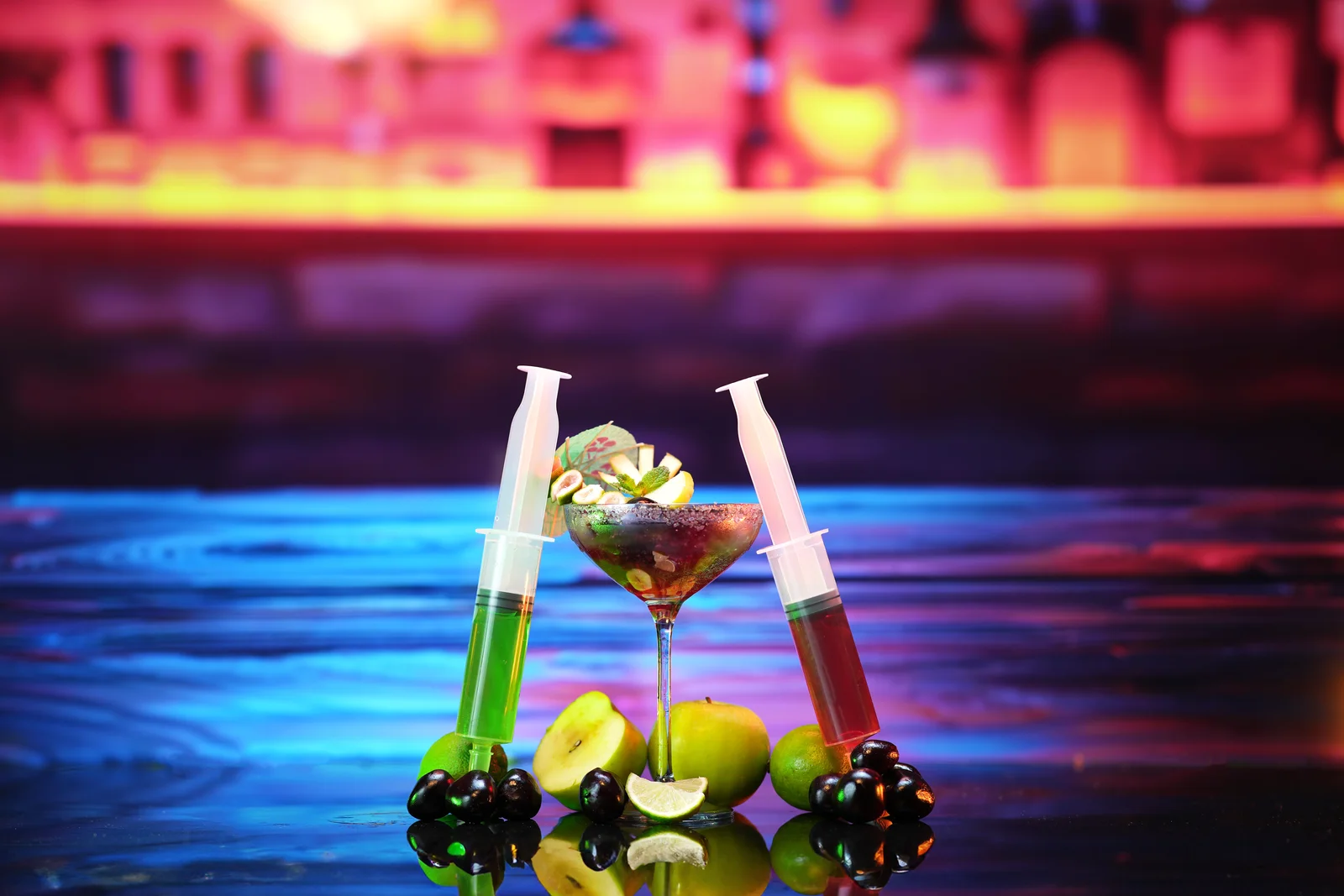 Jellyshotz cocktail product photography — pink and magenta bar setting, composition 7