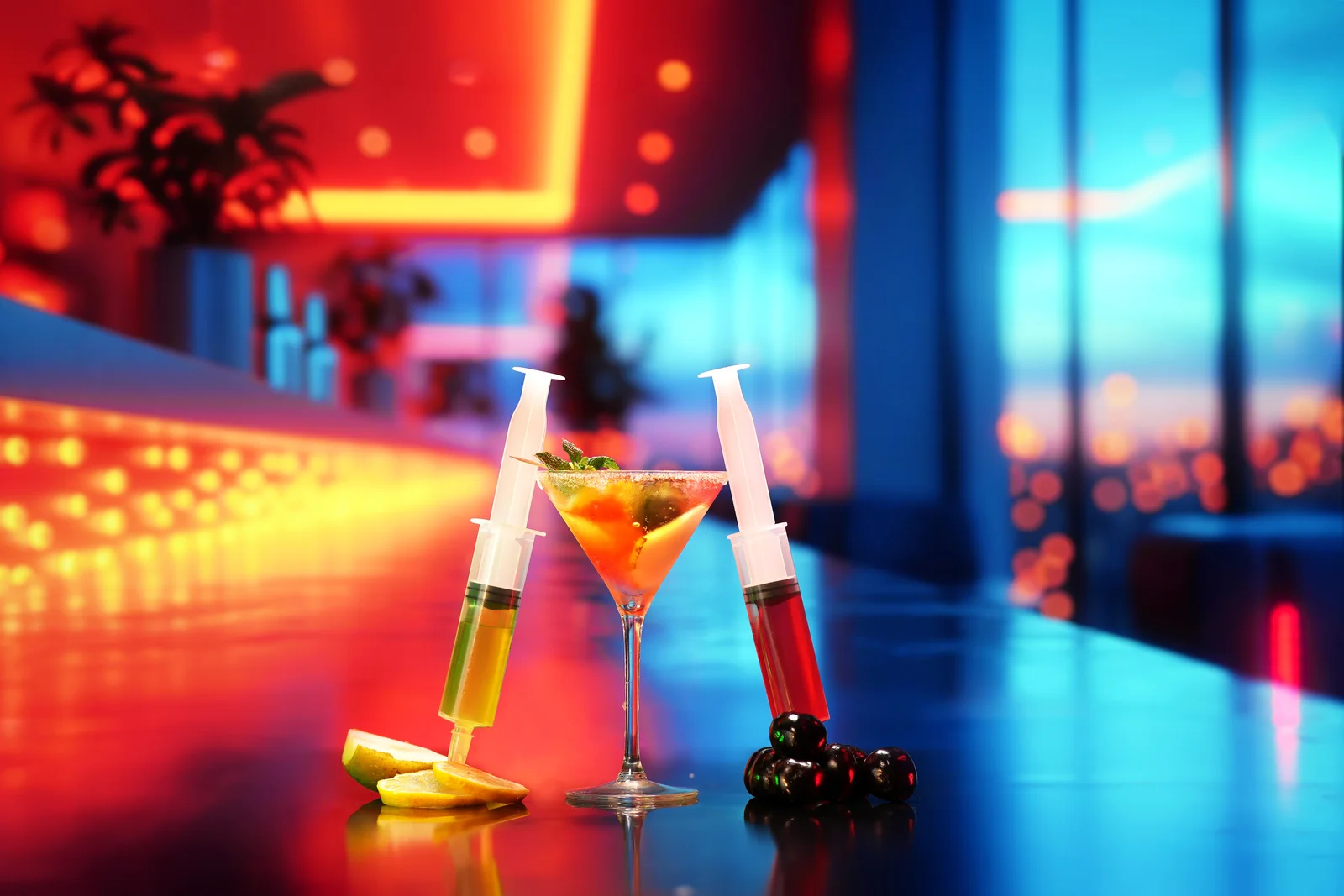 Jellyshotz cocktail product photography — colourful neon bar setting, composition 8