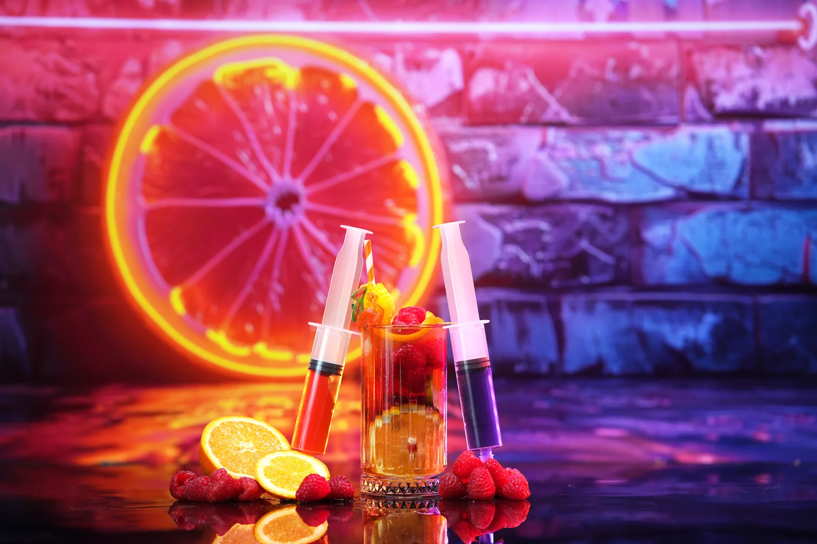 Jellyshotz cocktail product photography — colourful neon bar setting, composition 9
