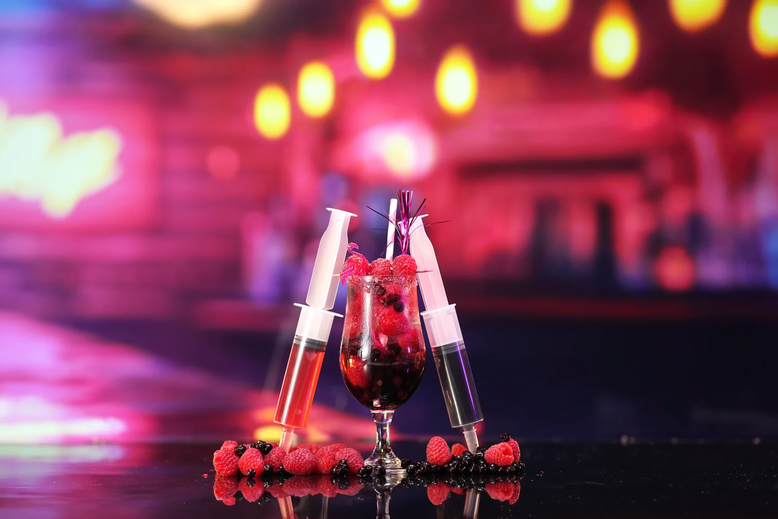 Jellyshotz cocktail product photography — colourful neon bar setting, composition 10