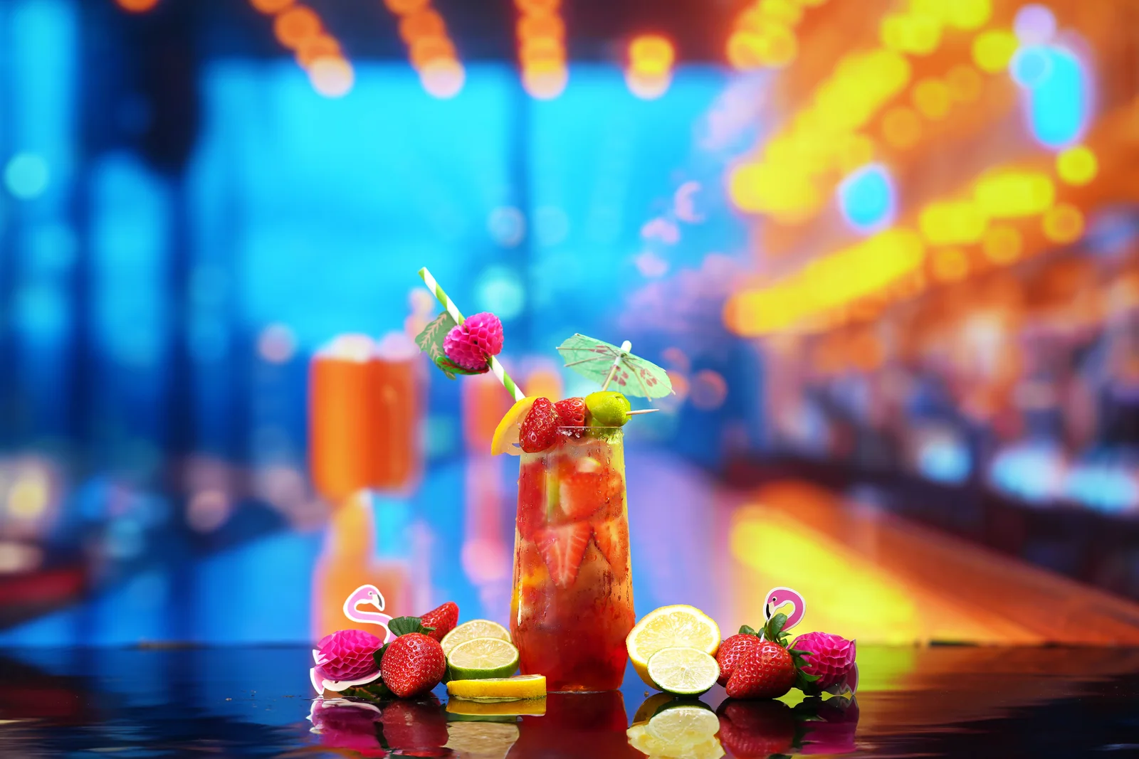 Jellyshotz cocktail product photography — blue and amber bar setting, composition 11