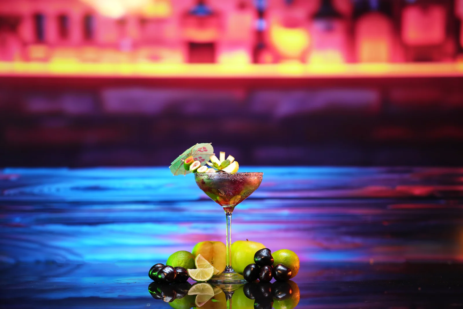 Jellyshotz cocktail product photography — pink and magenta bar setting, composition 12