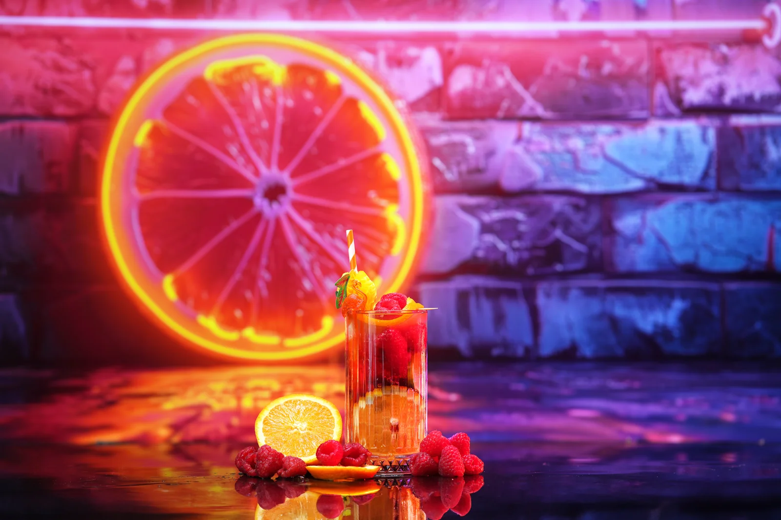Jellyshotz cocktail product photography — colourful neon bar setting, composition 13