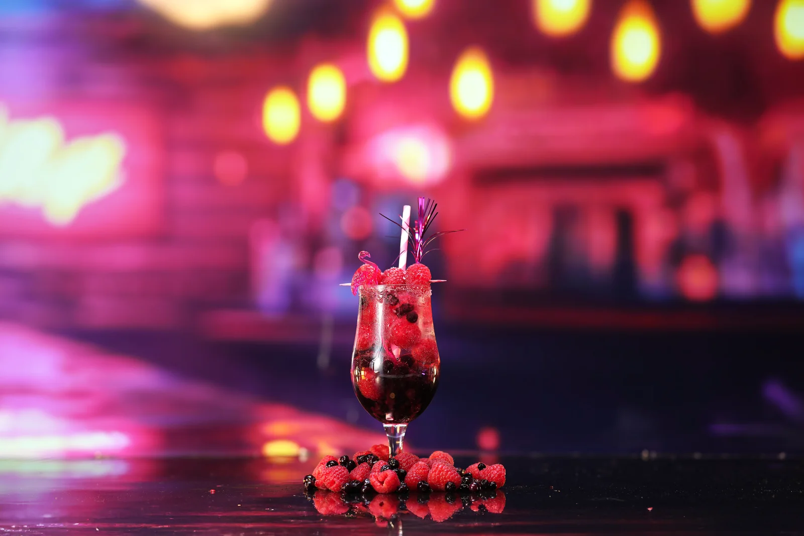 Jellyshotz cocktail product photography — colourful neon bar setting, composition 14