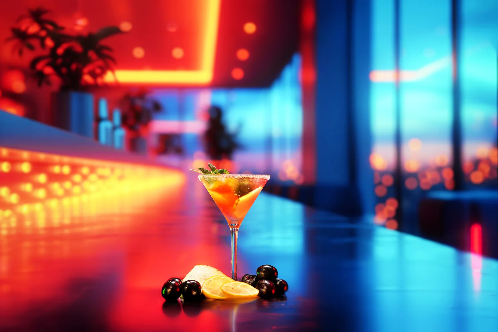 Jellyshotz cocktail product photography — colourful neon bar setting, composition 15