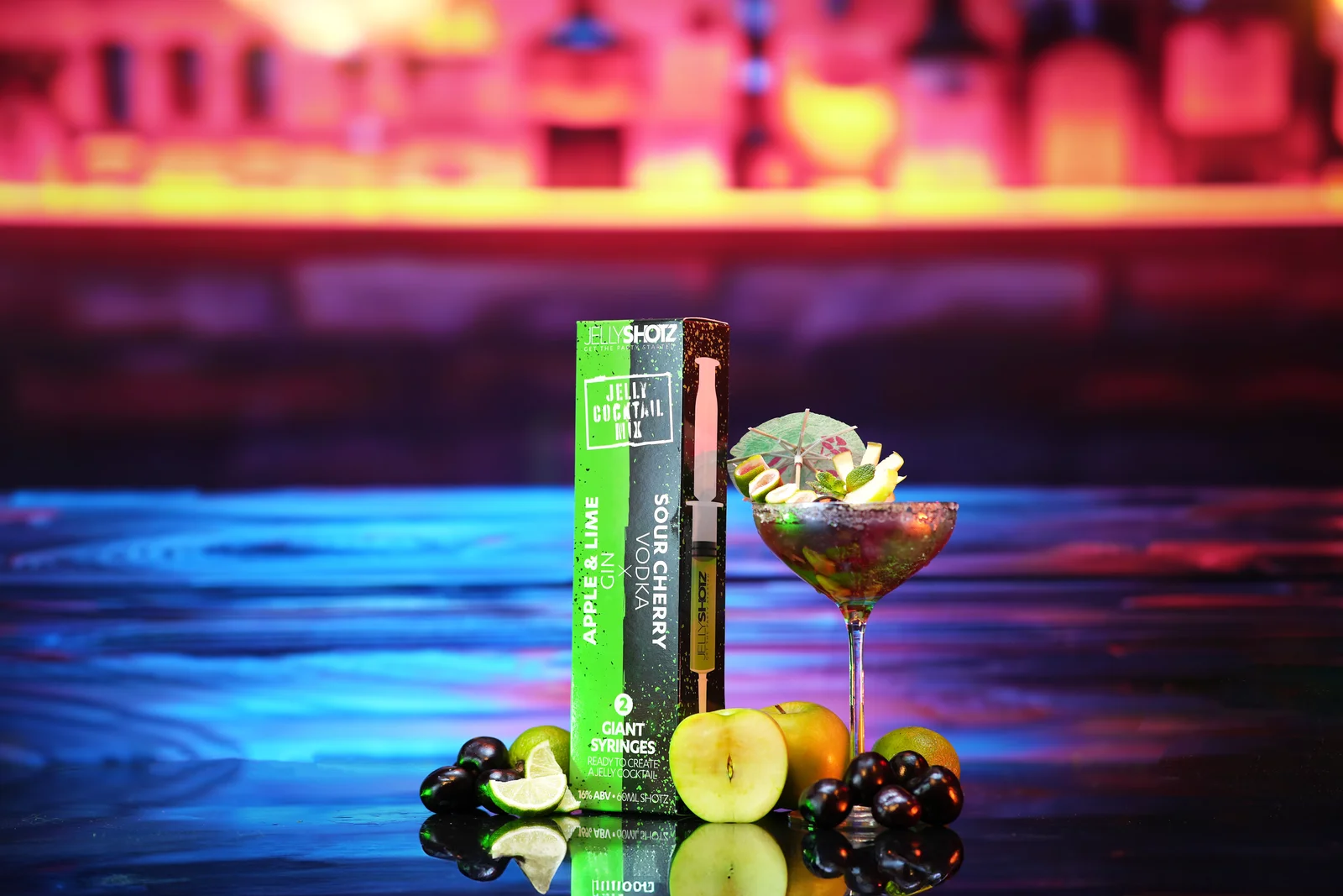 Jellyshotz cocktail product photography — blue and amber bar setting, composition 16