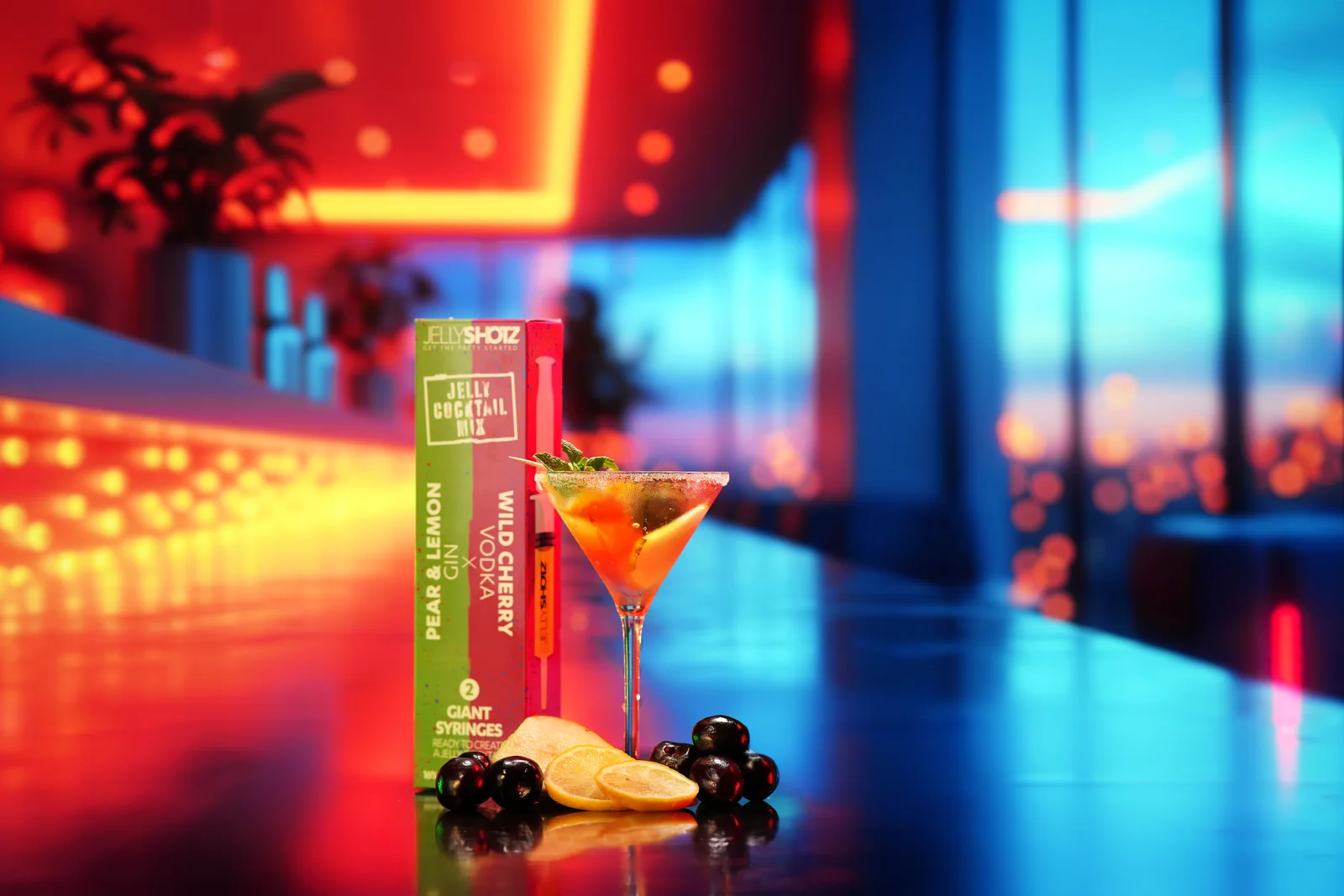 Jellyshotz cocktail product photography — pink and magenta bar setting, composition 17