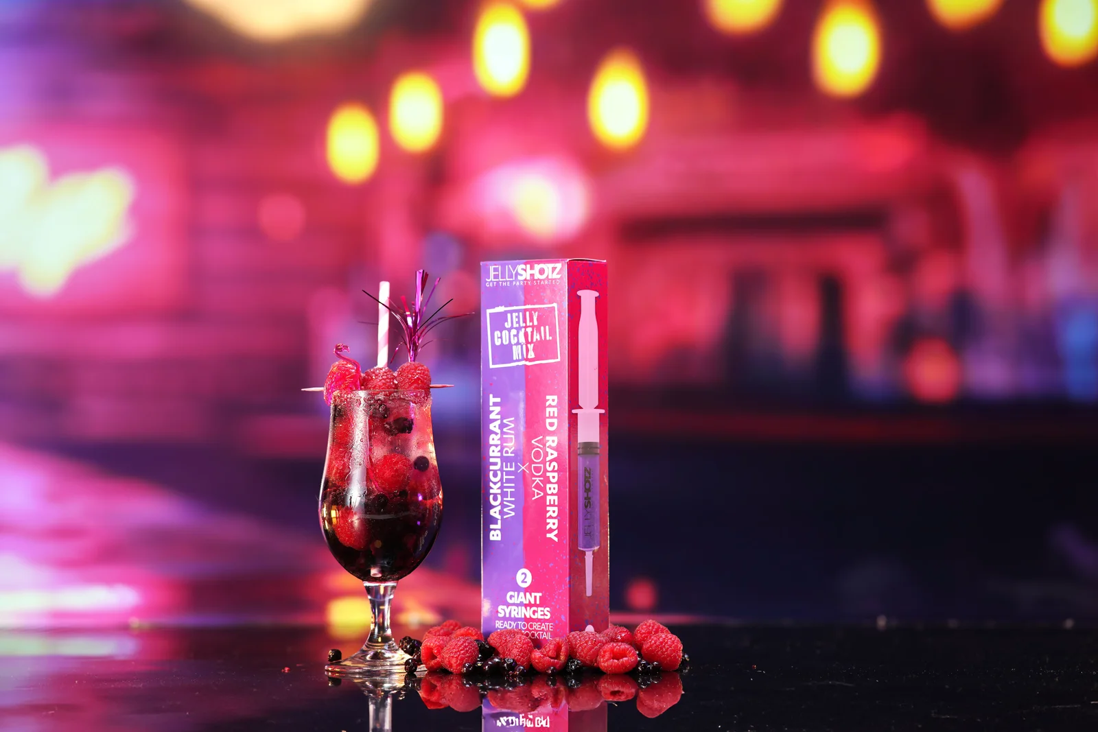 Jellyshotz cocktail product photography — colourful neon bar setting, composition 18