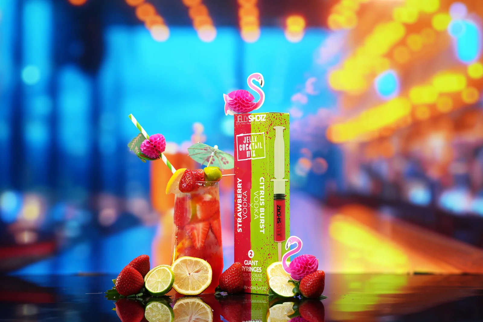 Jellyshotz cocktail product photography — colourful neon bar setting, composition 19
