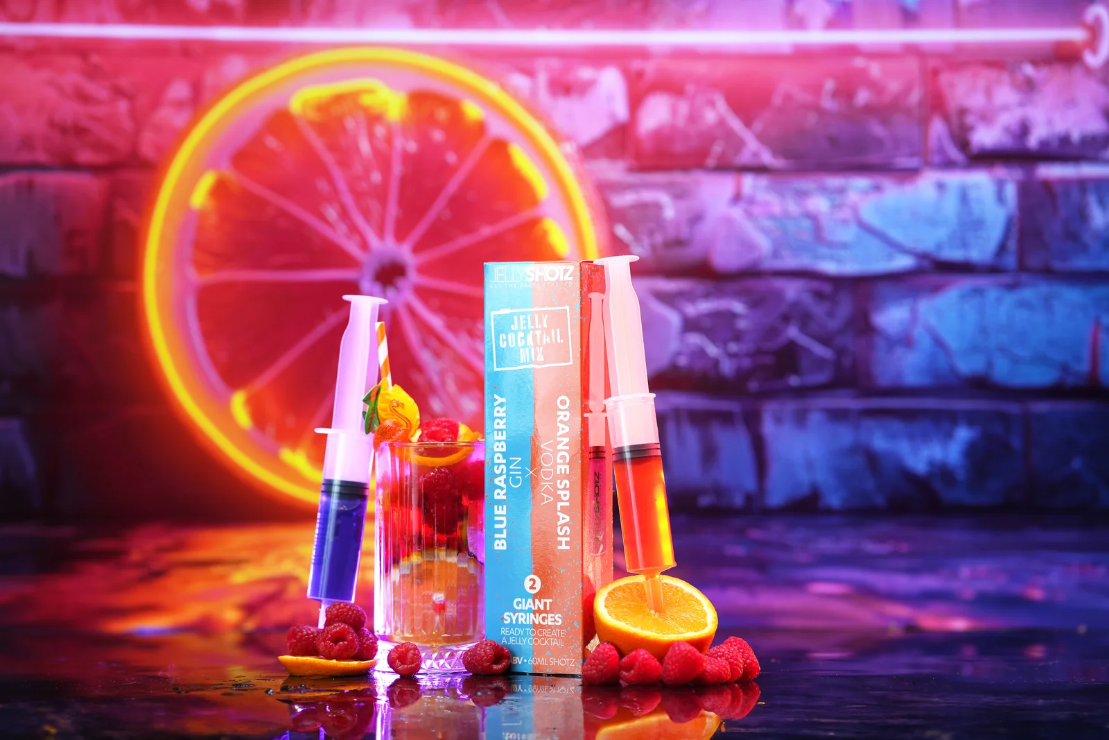 Jellyshotz cocktail product photography — colourful neon bar setting, composition 20