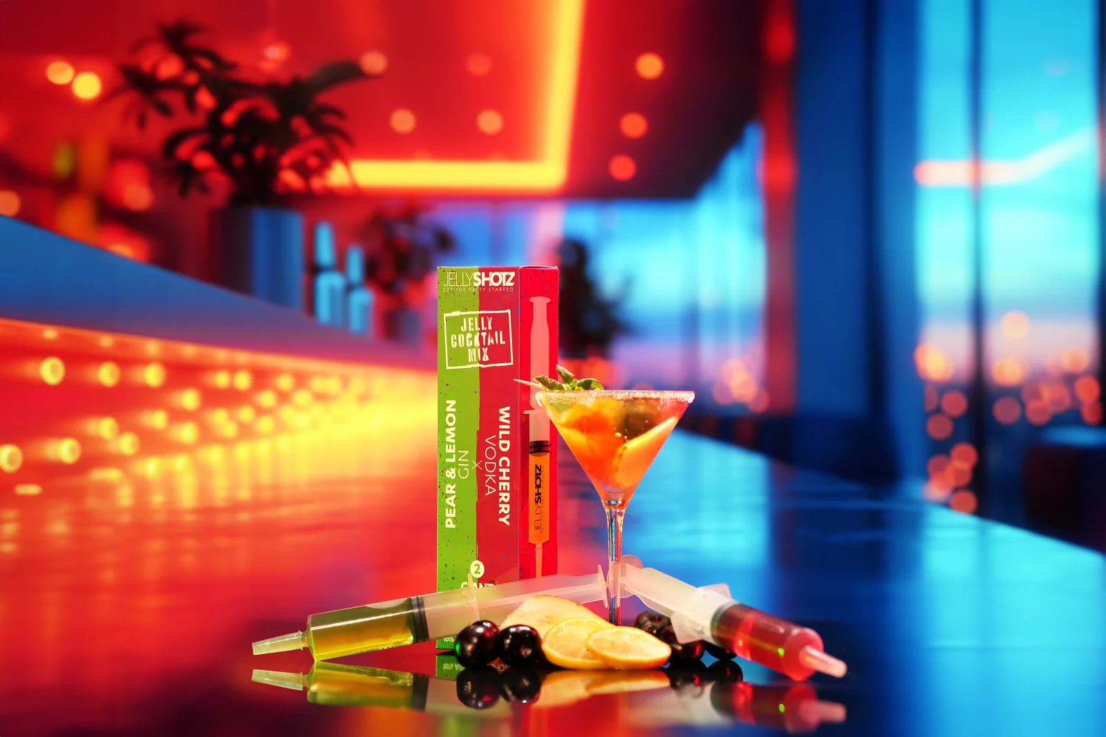 Jellyshotz cocktail product photography — blue and amber bar setting, composition 21