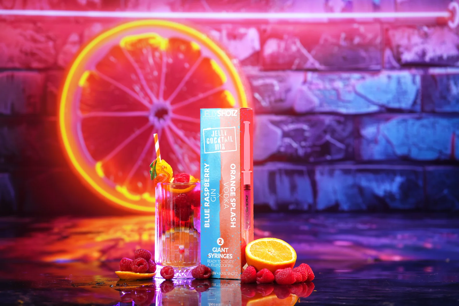 Jellyshotz cocktail product photography — pink and magenta bar setting, composition 22