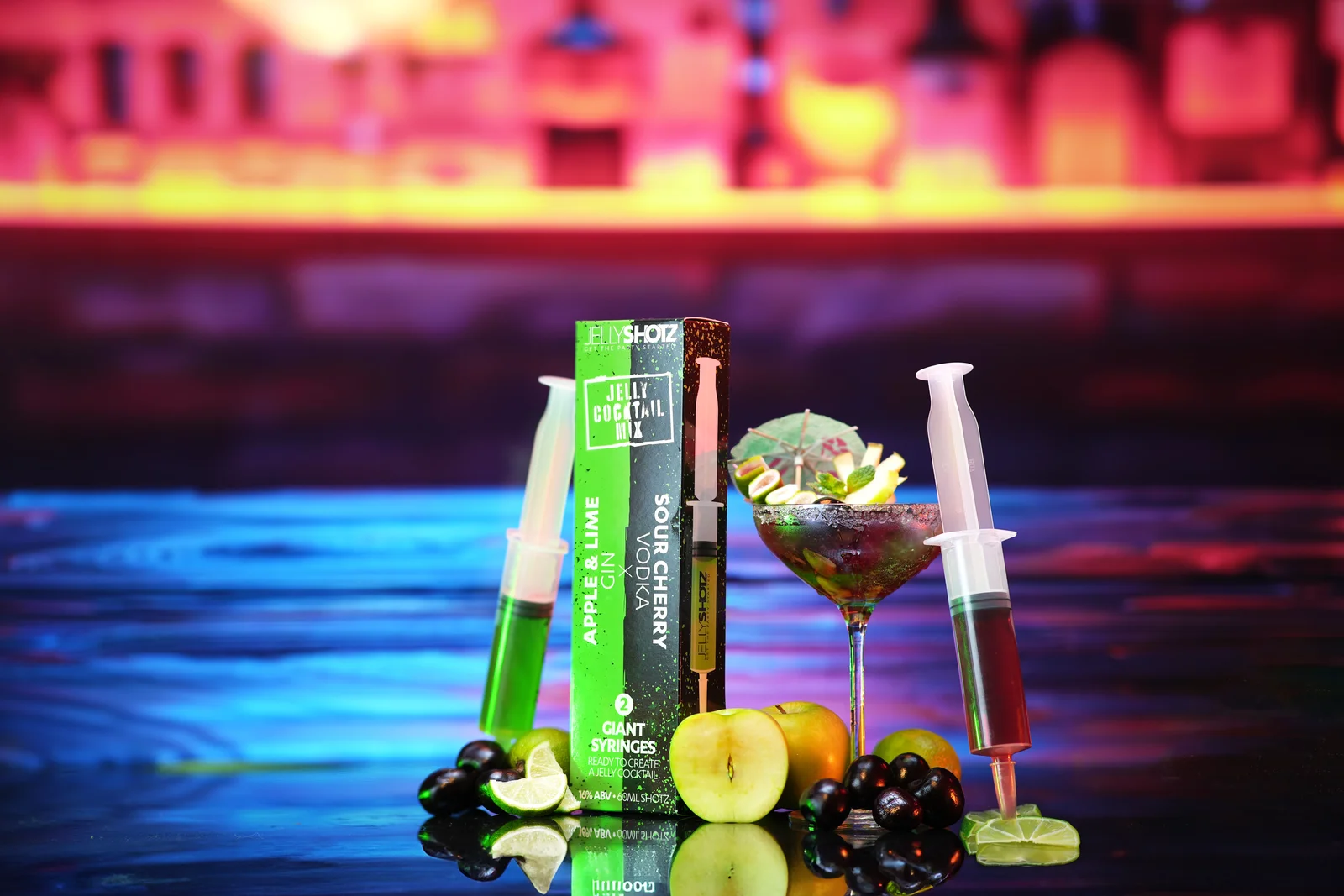 Jellyshotz cocktail product photography — colourful neon bar setting, composition 23