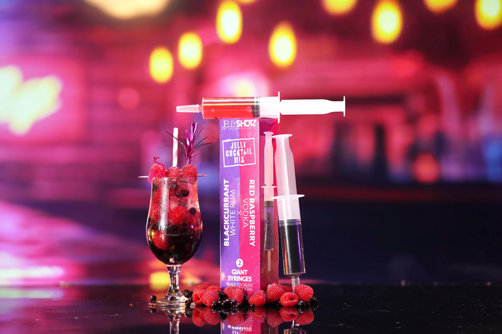 Jellyshotz cocktail product photography — colourful neon bar setting, composition 24