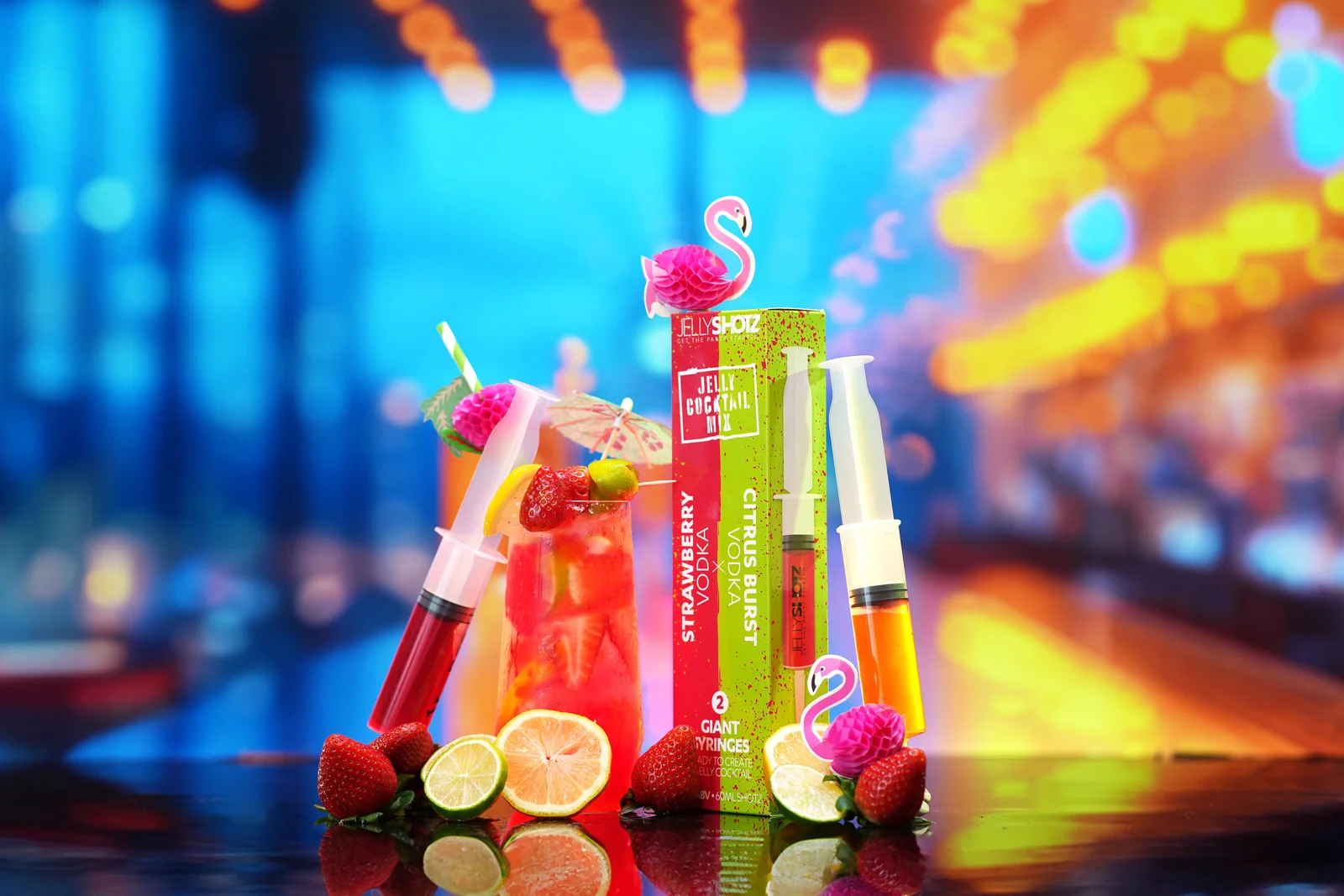 Jellyshotz cocktail product photography — colourful neon bar setting, composition 25
