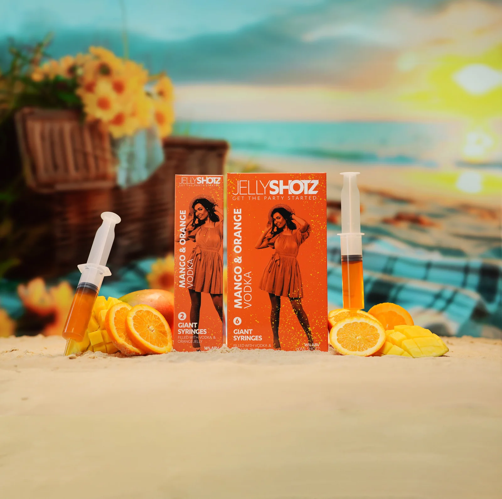 Jellyshotz Mango & Orange Vodka — both pack sizes with syringes in a square composition