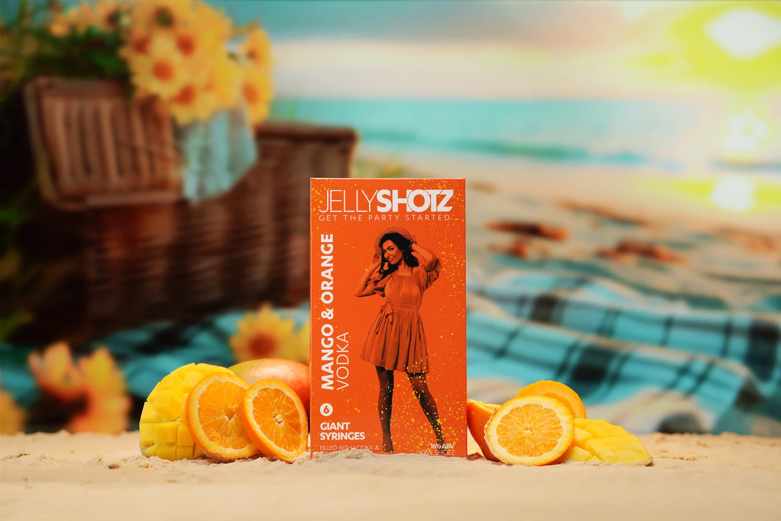 Jellyshotz Mango & Orange Vodka — six-syringe box with fruit