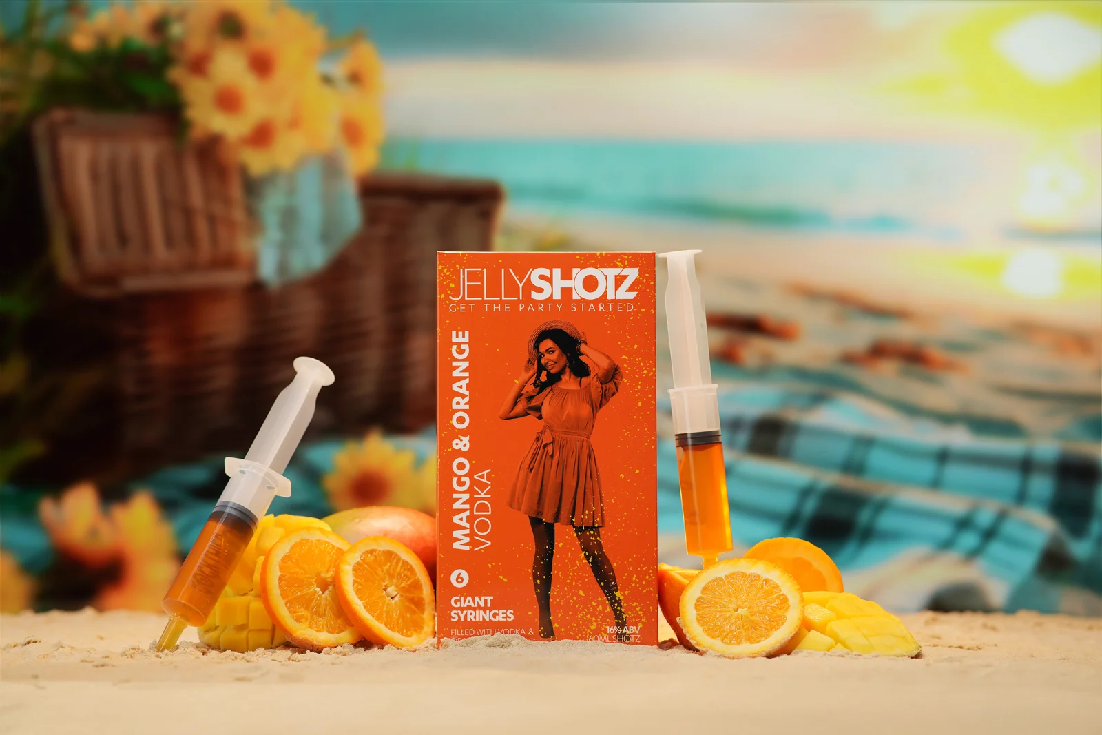 Jellyshotz Mango & Orange Vodka — large box with upright syringes and fruit