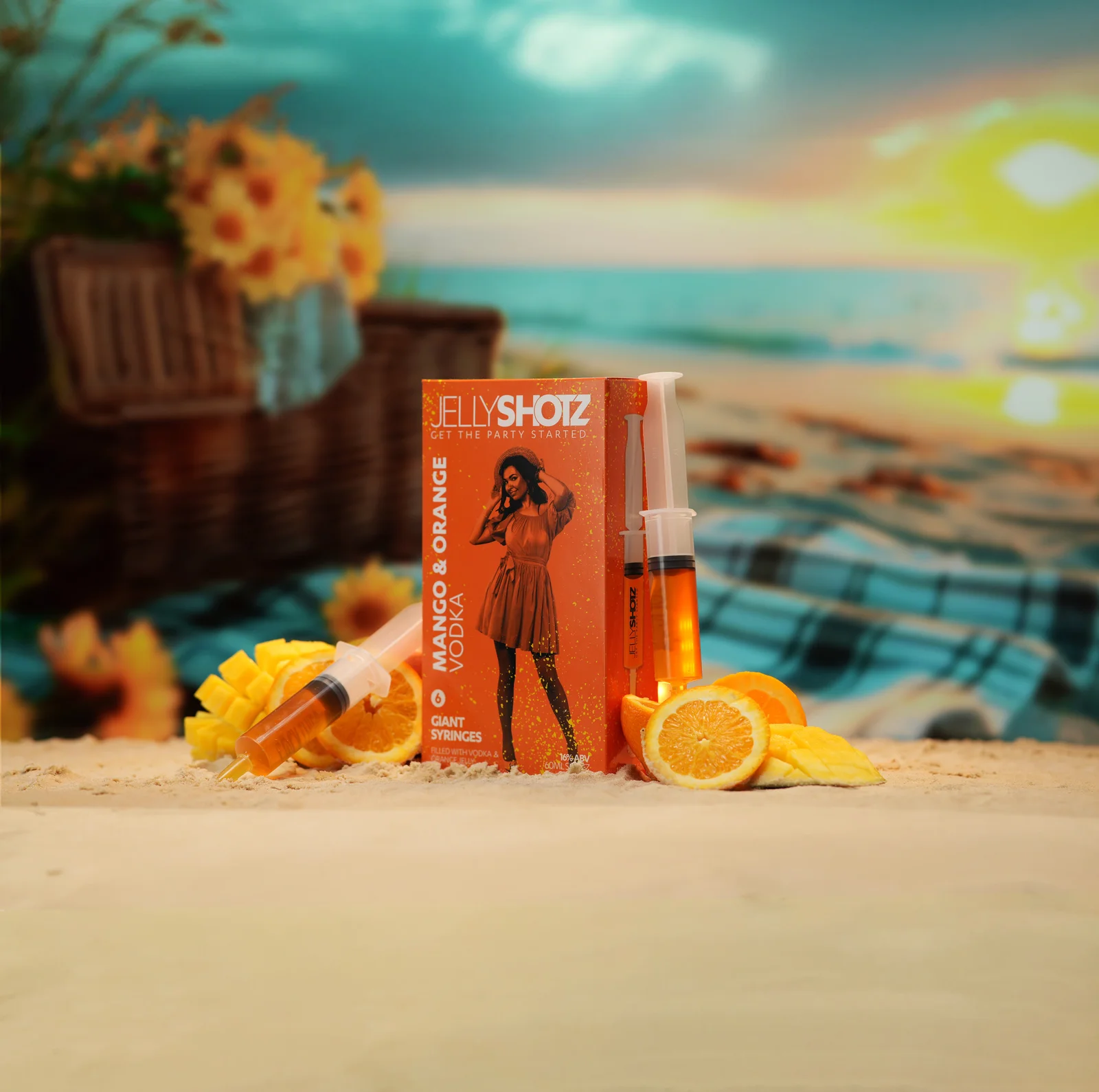Jellyshotz Mango & Orange Vodka — large pack and fruit in a square composition