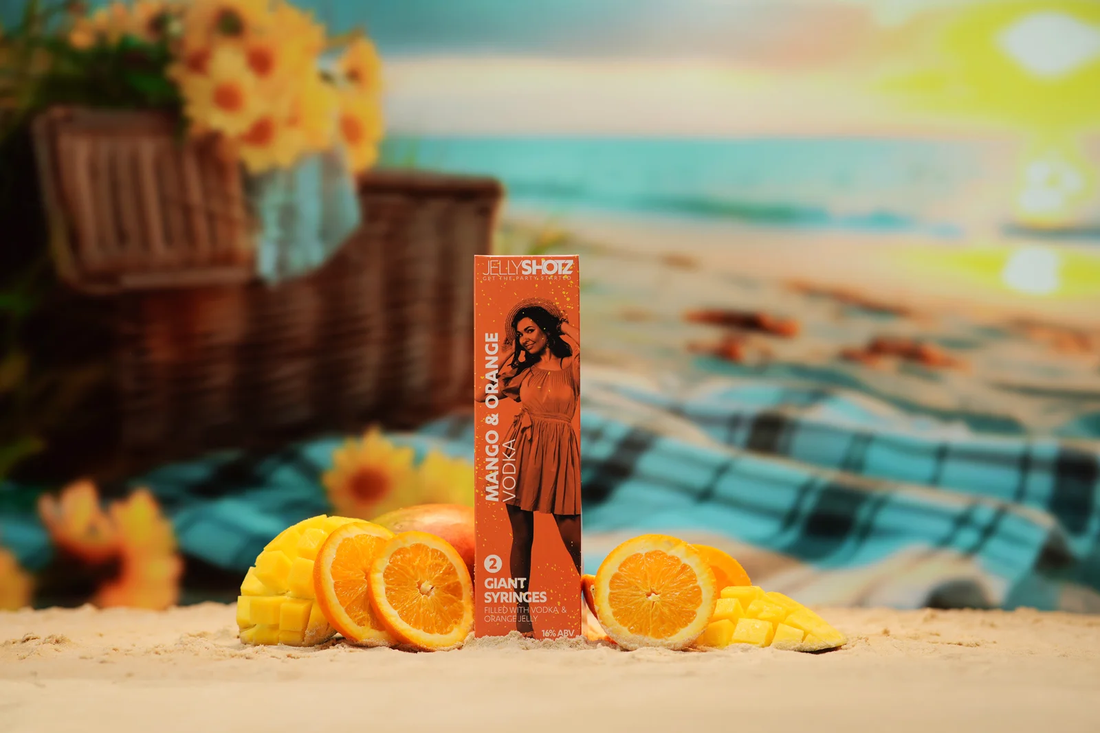 Jellyshotz Mango & Orange Vodka — two-syringe pack with sliced mango and orange
